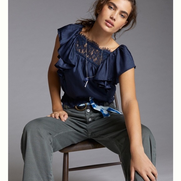 Anthropologie Navy Lace Ruffle Blouse - Picture 3 of 9